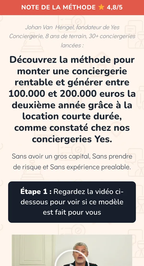 Page de vente d'un réseau de conciergeries : vidéo puis prise de rendez-vous